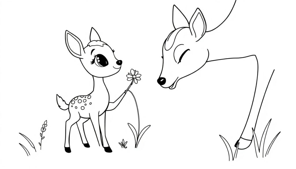 Zwart-wit kleurplaat van een jong hertenkalfje dat een bloem aanbiedt aan een volwassen hert met gesloten ogen.