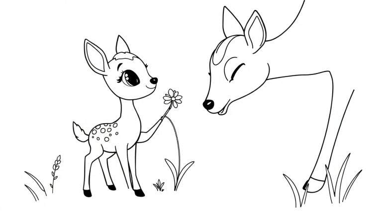 Zwart-wit kleurplaat van een jong hertenkalfje dat een bloem aanbiedt aan een volwassen hert met gesloten ogen.