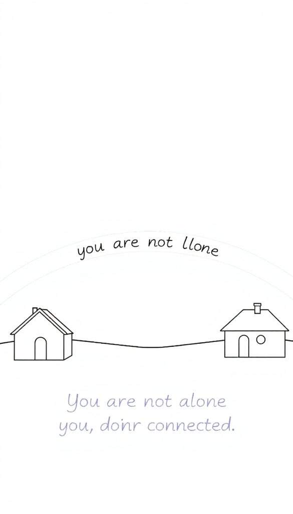 Minimalistische illustratie van twee simpele huizen, met elkaar verbonden door een zwarte lijn. De tekst 'you are not llone' staat erboven en 'You are not alone you, doinr connected.' eronder, op een witte achtergrond. Kleurplaat met boodschap van verbinding.