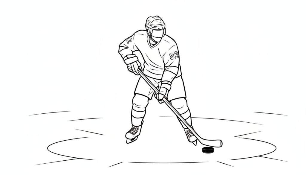 Zwart-witte lijntekening van een ijshockey speler met helm, handschoenen, nummer 2/82 op shirt, schaatsen en stick, gebogen over een puck op het ijs.