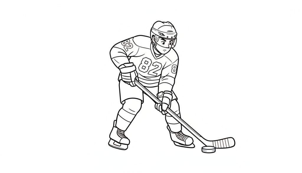 Zwart-wit lijntekening van een ijshockeyer met helm, shirt met nummer 82, handschoenen, broek en schaatsen, klaar om een puck te spelen.