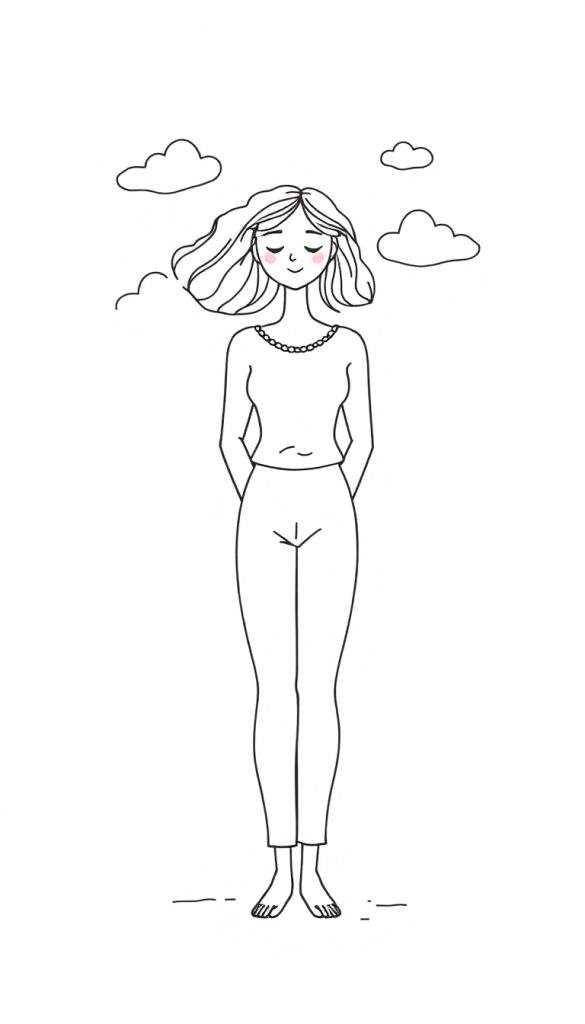 Zwart-wit lijntekening van een jonge vrouw met gesloten ogen, een glimlach, golvend haar, kralenketting en een roze blos op de wangen, staand met handen achter de rug en omringd door kleine wolken.