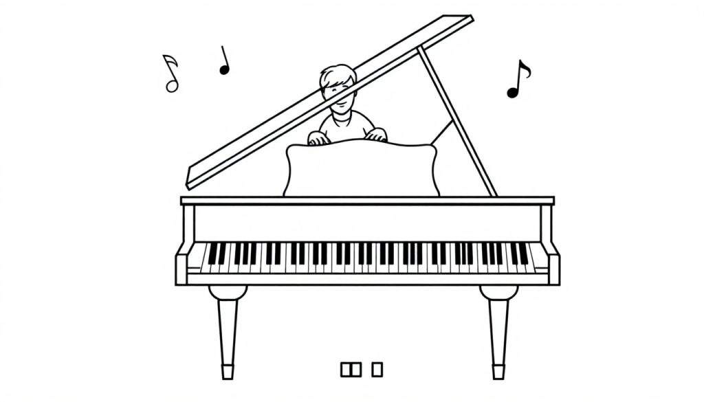 Kleurplaat van een jongen die achter een piano speelt, met muzieknoten zwevend boven de vleugel.