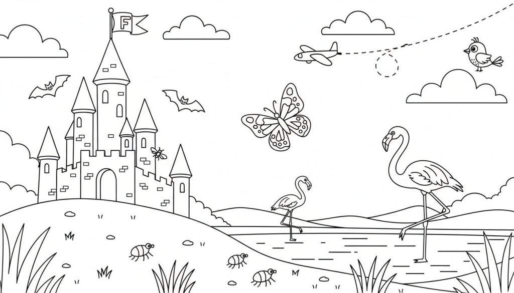 Kleurplaat van een landschap met een kasteel, vleermuizen, een vlinder, een vliegtuigje, flamingo's, insecten en heuvels.