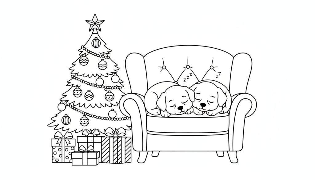 Zwart-wit kleurplaat van een gezellige kerstscène met een versierde kerstboom links, cadeautjes onder de boom, een fauteuil rechts, en twee slapende puppy's in de fauteuil.