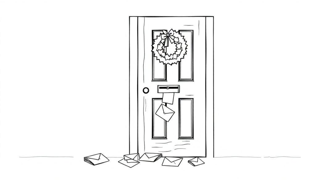 Zwart-witte lijntekening kleurplaat van een gesloten deur met kerstkrans, brievenbusgleuf met uitstekende brieven en brieven op de grond.
