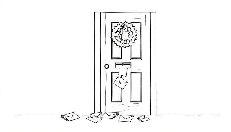 Zwart-witte lijntekening kleurplaat van een gesloten deur met kerstkrans, brievenbusgleuf met uitstekende brieven en brieven op de grond.