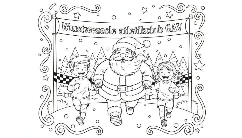 Zwart-wit kleurplaat met Kerstman, jongen en meisje die hand in hand rennen naar een geblokte finishlijn, met kerstbomen en een spandoek van Wuustwezesle atletiekclub GAV.