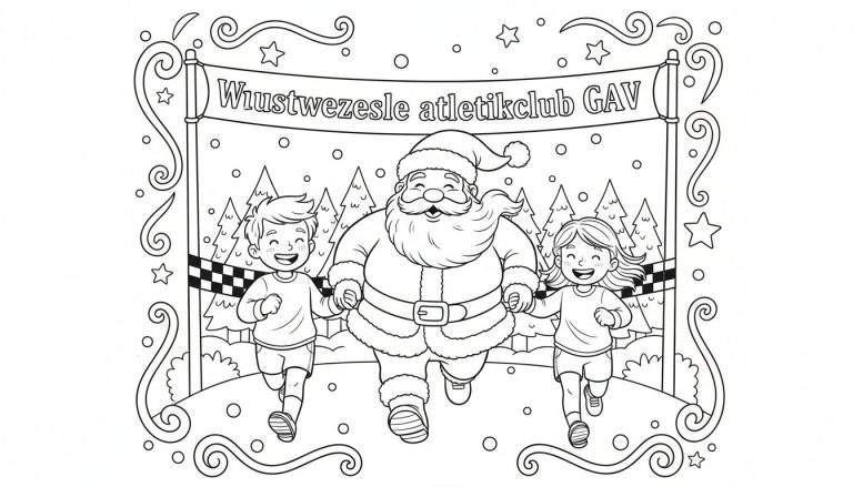 Zwart-wit kleurplaat met Kerstman, jongen en meisje die hand in hand rennen naar een geblokte finishlijn, met kerstbomen en een spandoek van Wuustwezesle atletiekclub GAV.
