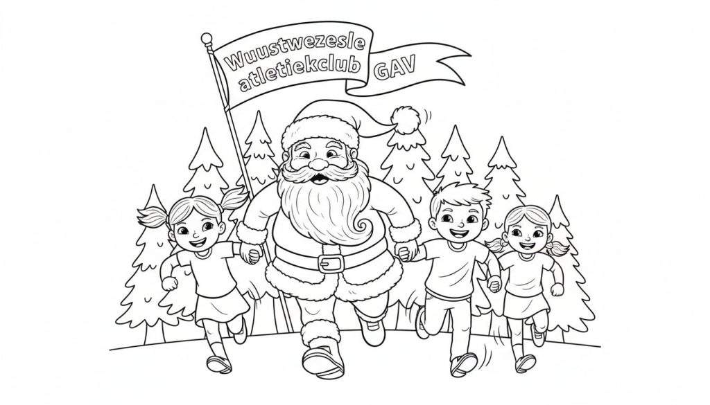 Kleurplaat: Kerstman rent lachend hand-in-hand met vier kinderen door een bos met kerstbomen. Vlag van Wuustwezesle Atletiekclub bovenaan.