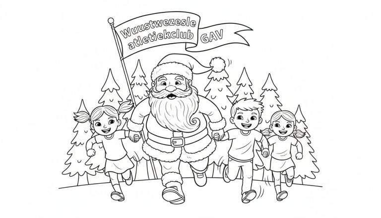 Kleurplaat: Kerstman rent lachend hand-in-hand met vier kinderen door een bos met kerstbomen. Vlag van Wuustwezesle Atletiekclub bovenaan.