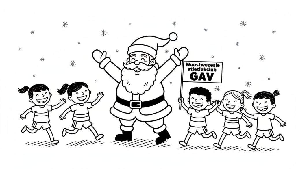 Zwart-wit kleurplaat van een lachende Kerstman die zijn armen wijd opent voor rennende kinderen van de Wuustwezele Atletiekclub. Kinderen zwaaien en lachen, met sterretjes en sneeuwvlokken op de achtergrond.
