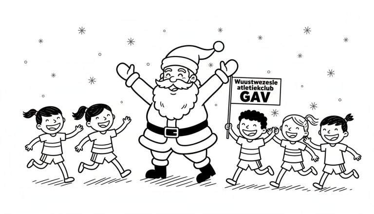 Zwart-wit kleurplaat van een lachende Kerstman die zijn armen wijd opent voor rennende kinderen van de Wuustwezele Atletiekclub. Kinderen zwaaien en lachen, met sterretjes en sneeuwvlokken op de achtergrond.