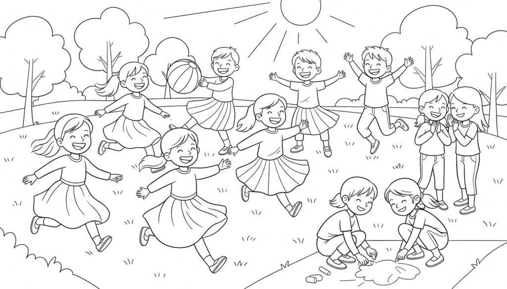 Zwart-wit tekening van twaalf lachende kinderen die buiten spelen in een park met bomen en heuvels op de achtergrond, onder een grote zon.