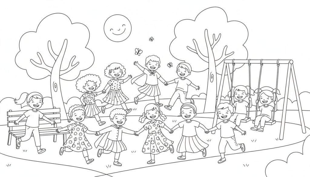 Zwart-wit kleurplaat van ongeveer zestien lachende kinderen die buiten spelen in een park. Ze dansen in een kring, schommelen, en rennen, met grote bomen en een lachende zon op de achtergrond.