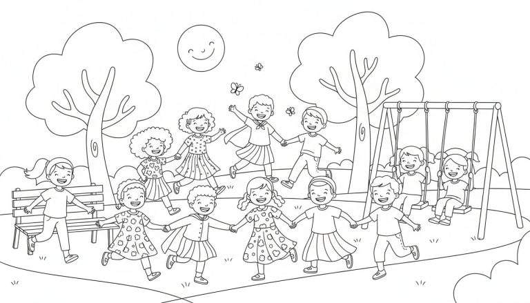 Zwart-wit kleurplaat van ongeveer zestien lachende kinderen die buiten spelen in een park. Ze dansen in een kring, schommelen, en rennen, met grote bomen en een lachende zon op de achtergrond.