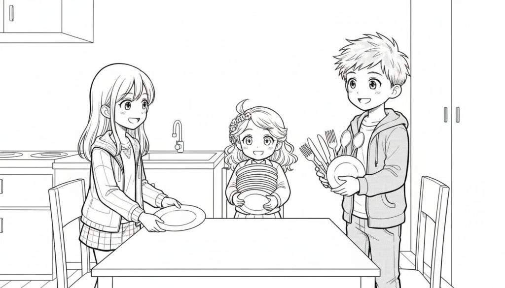 Kleurplaat van drie lachende kinderen die helpen met het dekken van de tafel in een keuken.