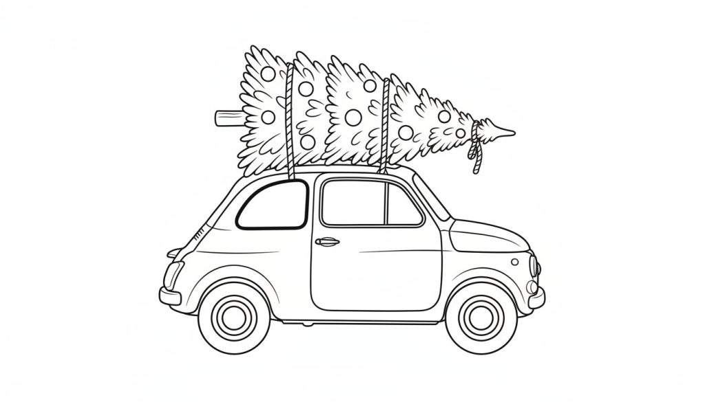 Zwart-wit lijntekening van een klassiek autootje met een kerstboom op het dak, versierd met ballen en een zuurstok.