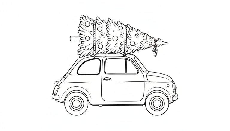 Zwart-wit lijntekening van een klassiek autootje met een kerstboom op het dak, versierd met ballen en een zuurstok.