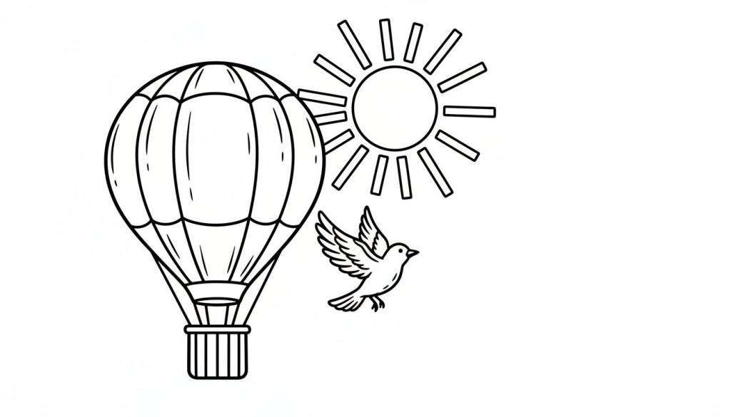 Zwart-wit lijntekening van een kleurplaat met een grote luchtballon, een zon en een vliegende vogel.