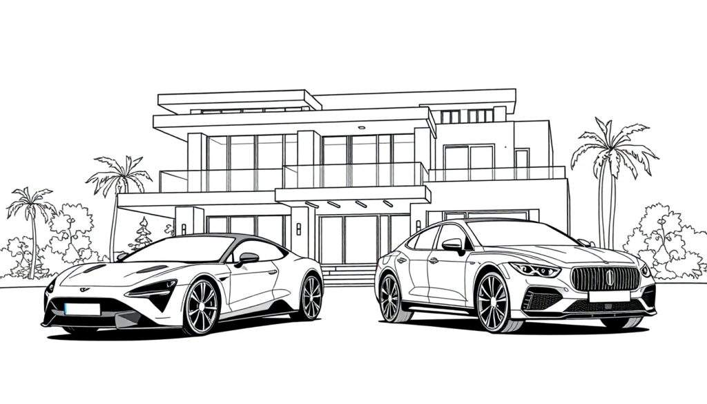 Kleurplaat van een luxueus modern huis met twee sportauto's, palmbomen en struiken.