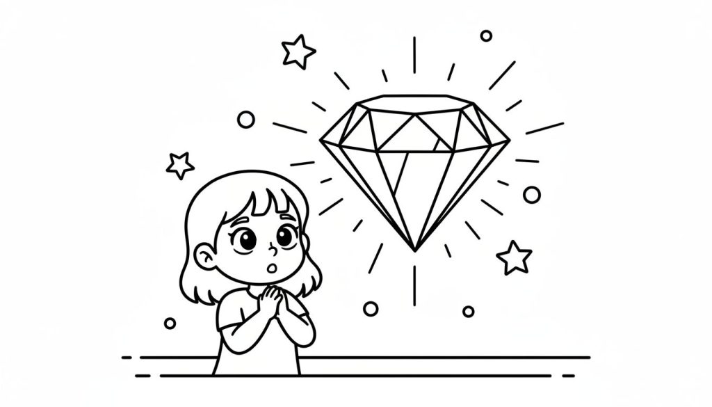 Zwart-wit kleurplaat van een jong meisje met verwonderde ogen dat omhoog kijkt naar een grote, schitterende diamant. Rondom de diamant zijn stralingen, sterretjes en bolletjes getekend.