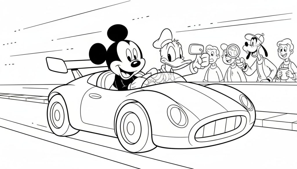 Zwart-wit kleurplaat met Mickey Mouse die een raceauto bestuurt, met Donald Duck ernaast. Goofy en andere toeschouwers staan aan de zijkant.