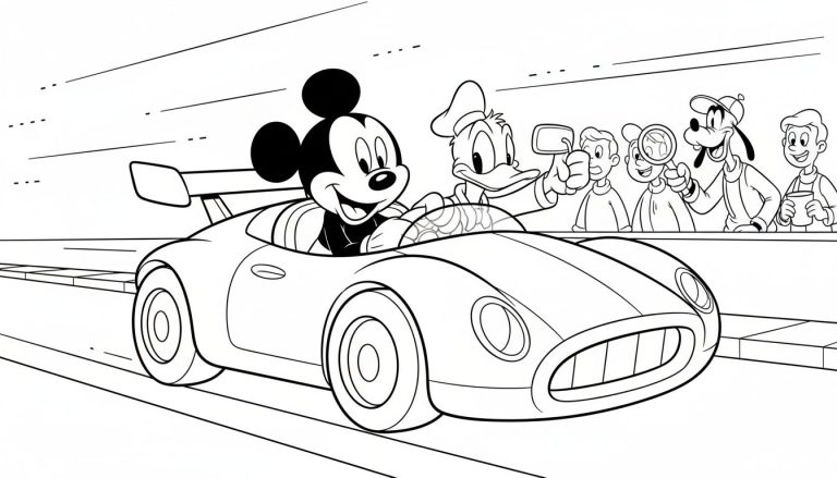 Zwart-wit kleurplaat met Mickey Mouse die een raceauto bestuurt, met Donald Duck ernaast. Goofy en andere toeschouwers staan aan de zijkant.