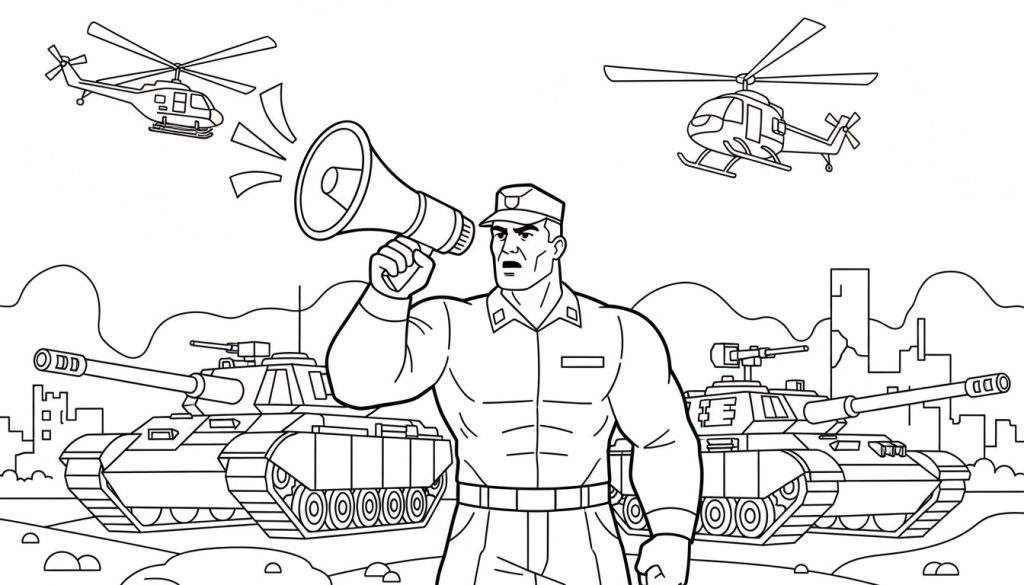 Zwart-wit kleurplaat van een militaire operatie met een mannelijke leider met megafoon, twee tanks, en twee helikopters in de lucht boven heuvels en gebouwen.