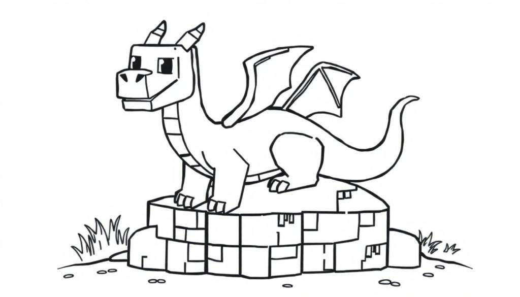 Kleurplaat van een schattig, blokkerig draakje in Minecraft-stijl, zittend op stenen blokken met gras en kiezelstenen.