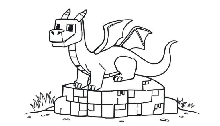 Kleurplaat van een schattig, blokkerig draakje in Minecraft-stijl, zittend op stenen blokken met gras en kiezelstenen.