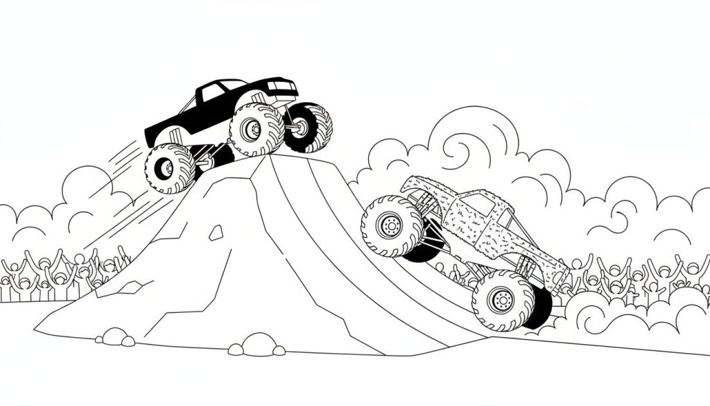 Kleurplaat van twee monster trucks die stunts uitvoeren op zandheuvels voor een juichend publiek.