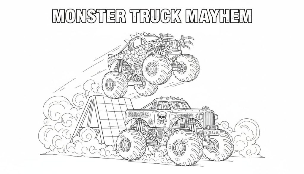 Kleurplaat van twee monstertrucks. Eén truck met een draken uiterlijk springt in de lucht over een schans. Daaronder staat een andere monstertruck met een doodshoofd op de zijkant. Stofwolken benadrukken de actie.