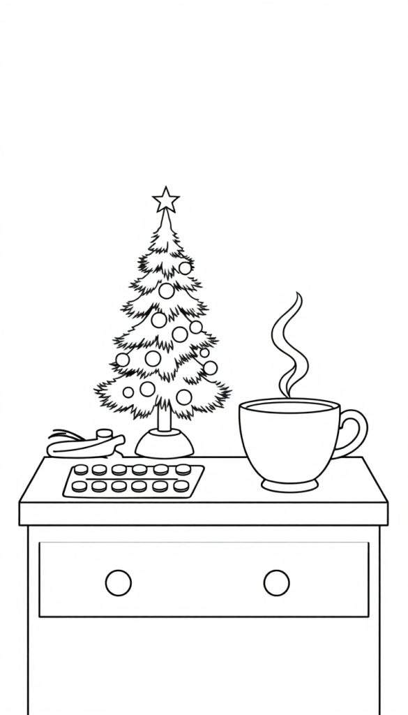 Kleurplaat van een nachtkastje met kerstboom, dampend kopje, pillenstrip en pijp.