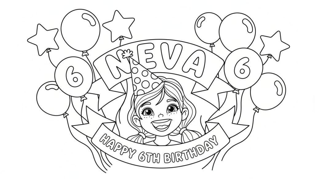 Zwart-wit kleurplaat van een lachend meisje met sproetjes en een feesthoed, omringd door ballonnen en sterren voor een 6e verjaardag, met het lint 'NEVA HAPPY 6TH BIRTHDAY'.