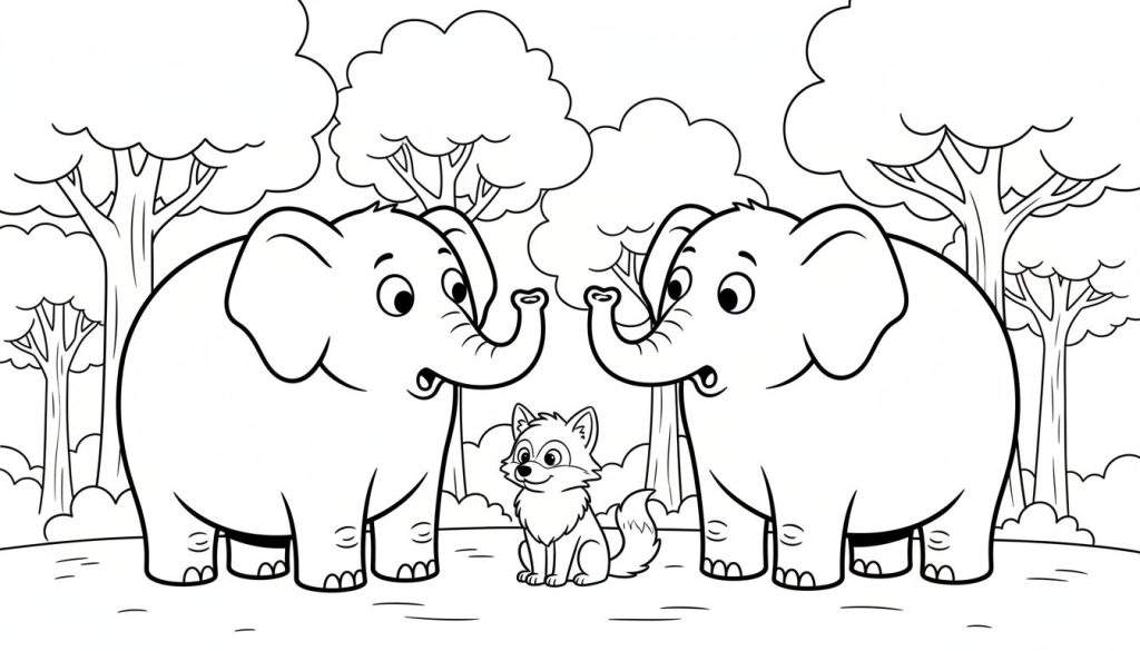 Kleurplaat met twee olifanten die naar elkaar kijken en een vosje ertussen. Op de achtergrond staan bomen.