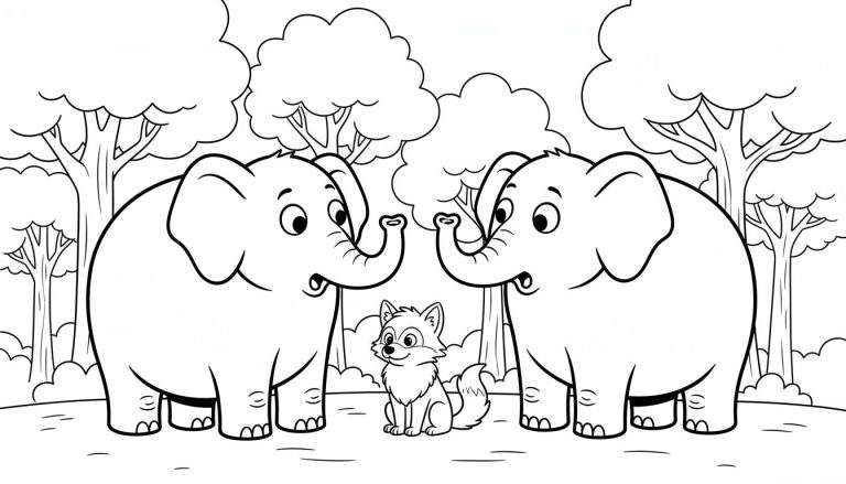 Kleurplaat met twee olifanten die naar elkaar kijken en een vosje ertussen. Op de achtergrond staan bomen.