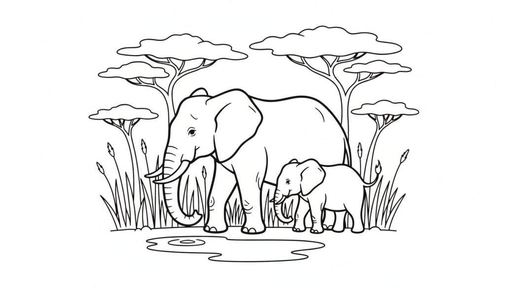 Zwart-wit lijntekening van een grote olifant en een kleintje naast elkaar op een savanne met acaciabomen en een waterpoel. Geschikt als kleurplaat.