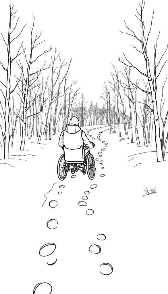 Zwart-wit tekening van een persoon in een warme winterjas en rolstoel, van achteren gezien, die door een besneeuwd bos vol kale bomen rijdt. Voetstappen leiden de weg in.