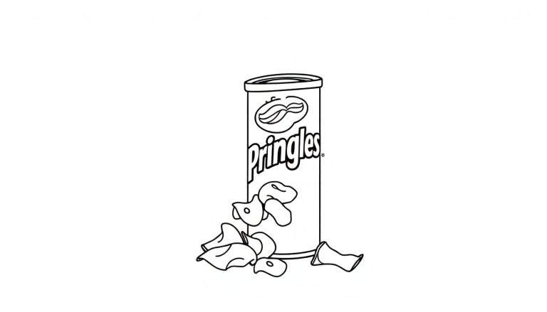 Zwart-wit lijntekening van een Pringles bus met vallende chips, ideaal om in te kleuren.