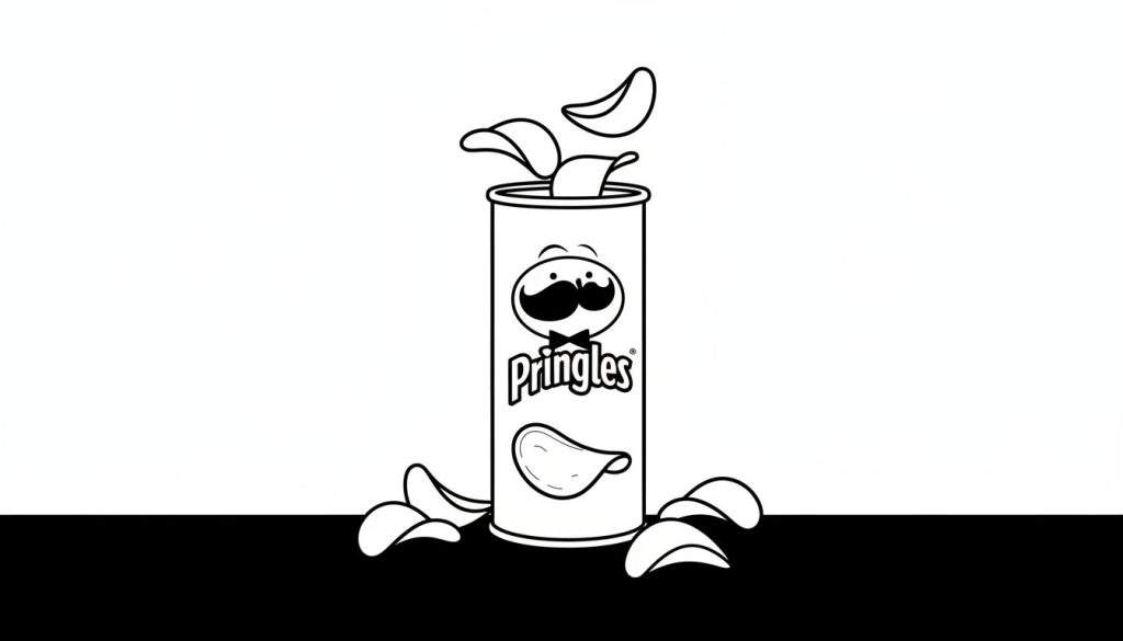 Zwart-witte kleurplaat van een Pringles-bus met chips, het Pringles-logo en de mascotte.