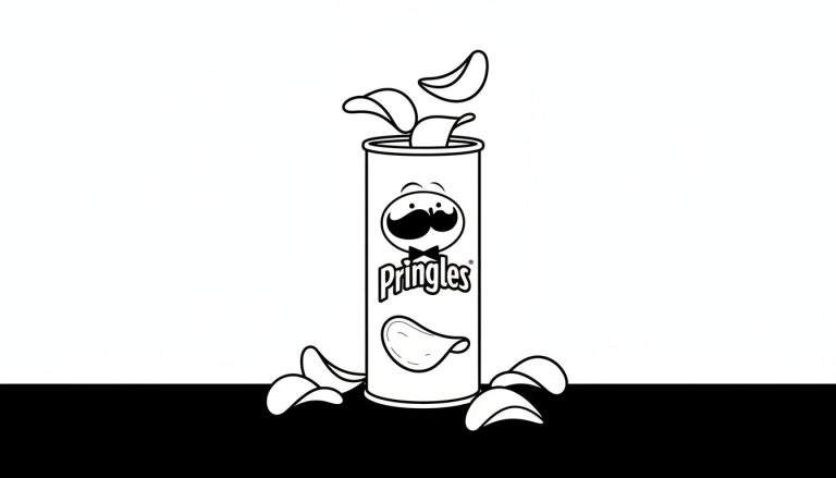 Zwart-witte kleurplaat van een Pringles-bus met chips, het Pringles-logo en de mascotte.