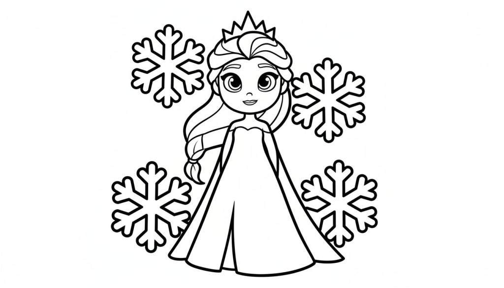Zwart-wit lijntekening van een tekenfilmprinses vergelijkbaar met Elsa, met kroon, jurk en vier grote sneeuwvlokken.
