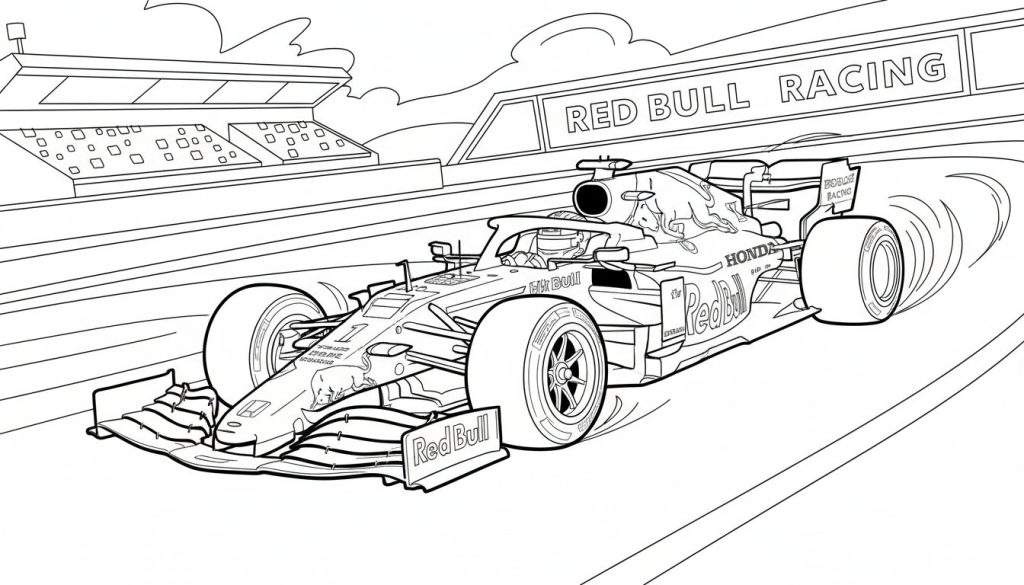 Zwart-witte lijntekening van een Red Bull Racing Formule 1-auto, nummer 1, met coureur in actie op een racecircuit. Op de achtergrond een RED BULL RACING bord en een tribune. Wolken boven.