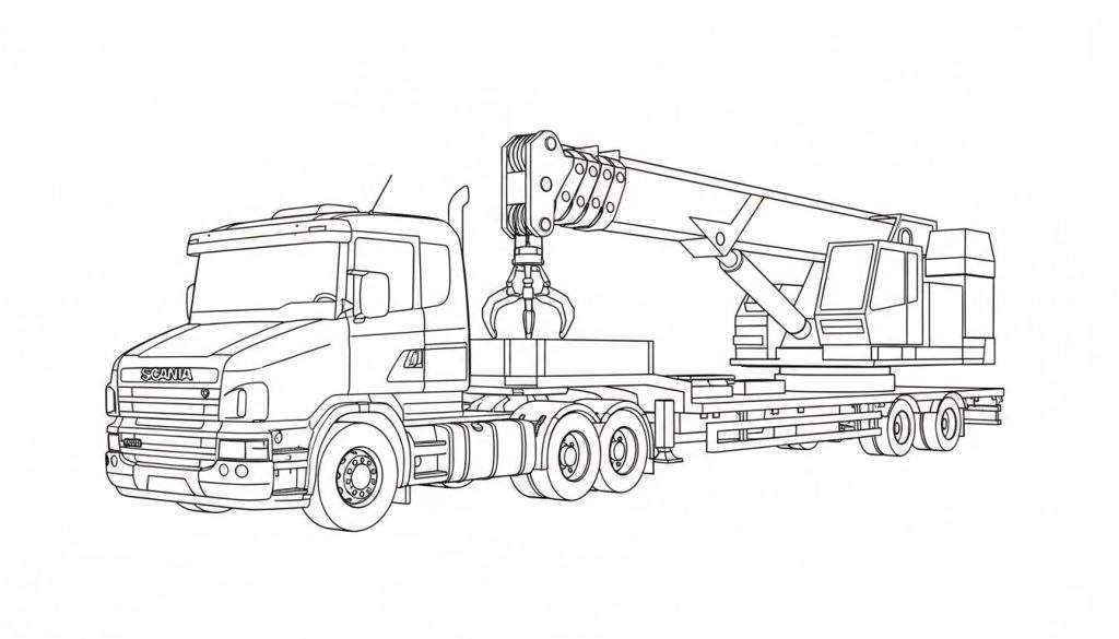 Kleurplaat van een Scania vrachtwagen met kraan, gezien vanaf een schuine voorkant/zijkant.