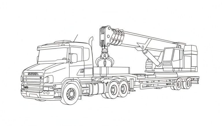 Kleurplaat van een Scania vrachtwagen met kraan, gezien vanaf een schuine voorkant/zijkant.