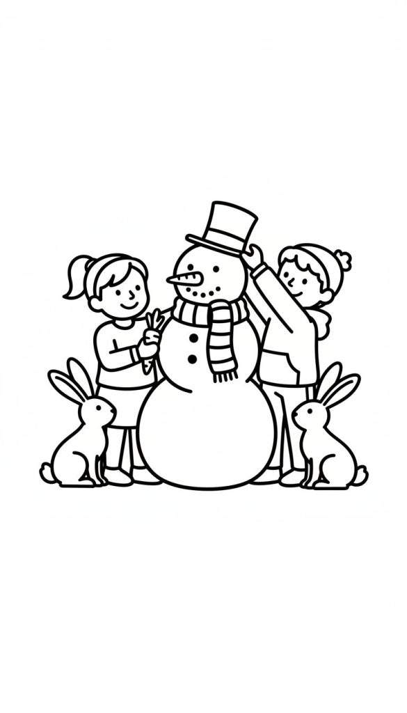 Kleurplaat van een sneeuwpop die wordt versierd door een jongen en een meisje, met twee konijnen die toekijken.
