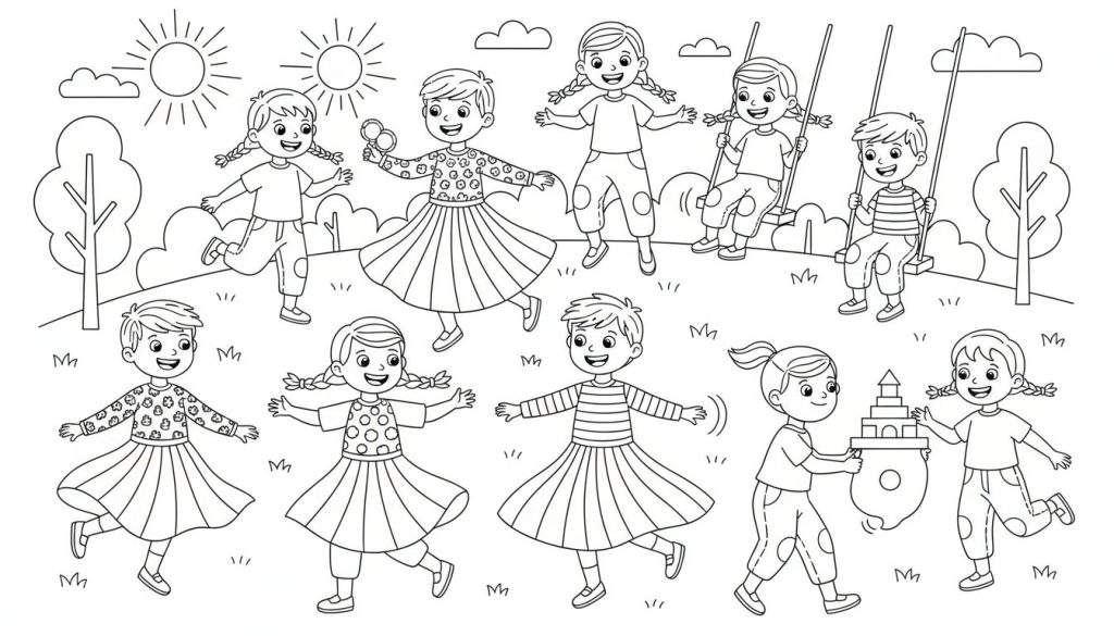 Zwart-wit kleurplaat van negen blije kinderen die buiten spelen in een park, met rennende kinderen, bellen blazen, schommelen en een zandkasteel bouwen, omringd door bomen, gras en lachende zonnen.