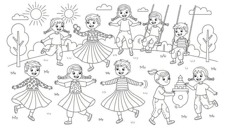 Zwart-wit kleurplaat van negen blije kinderen die buiten spelen in een park, met rennende kinderen, bellen blazen, schommelen en een zandkasteel bouwen, omringd door bomen, gras en lachende zonnen.