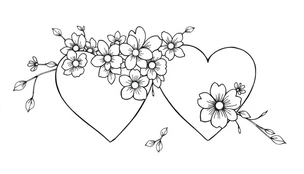 Zwart-wit lijntekening van twee hartjes, versierd met bloemen, takjes en blaadjes. De harten overlappen elkaar aan de bovenkant.